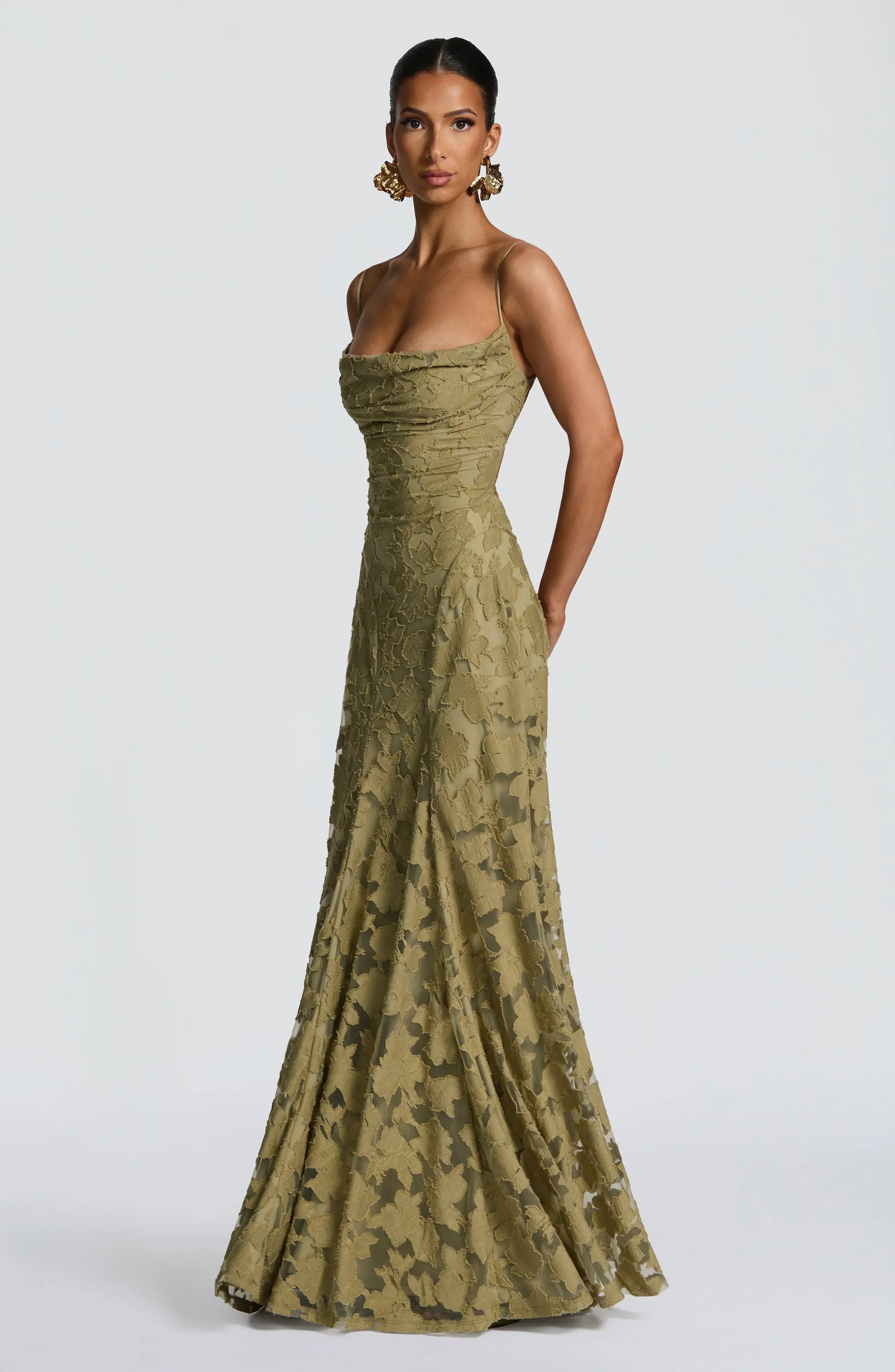 Floral Jacquard Strappy A Line Maxi Dress - Formal Evening Gown