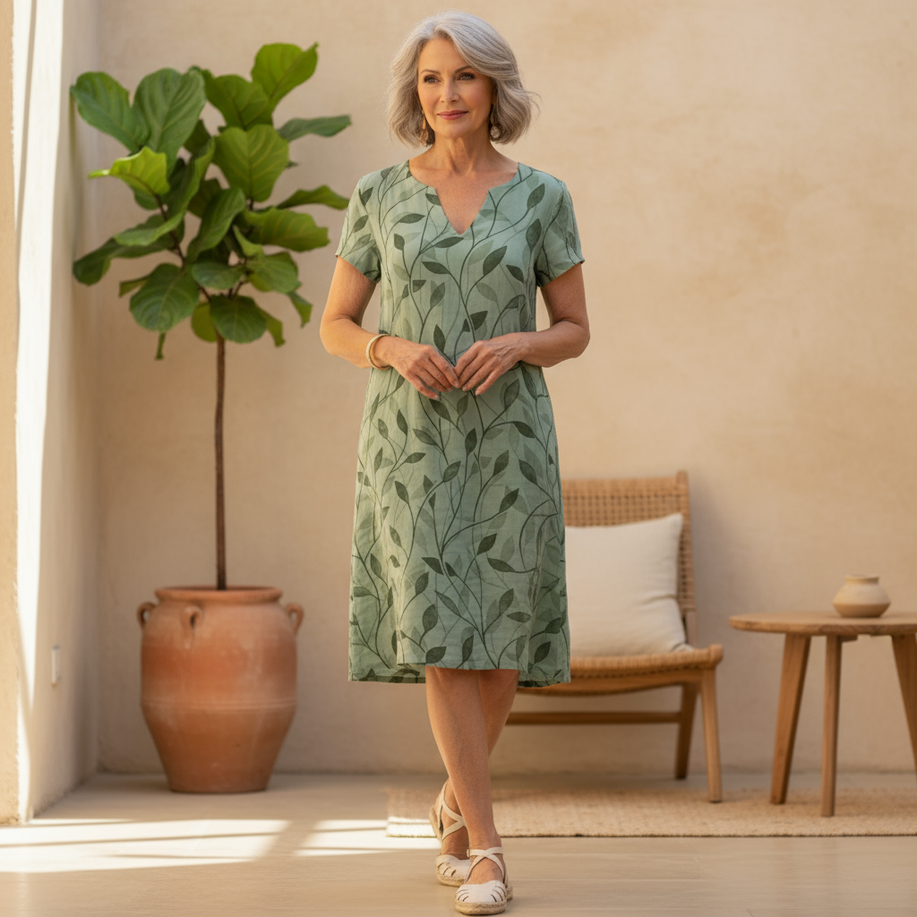 Leaf Print V Neck Short Sleeve Casual Midi Dress