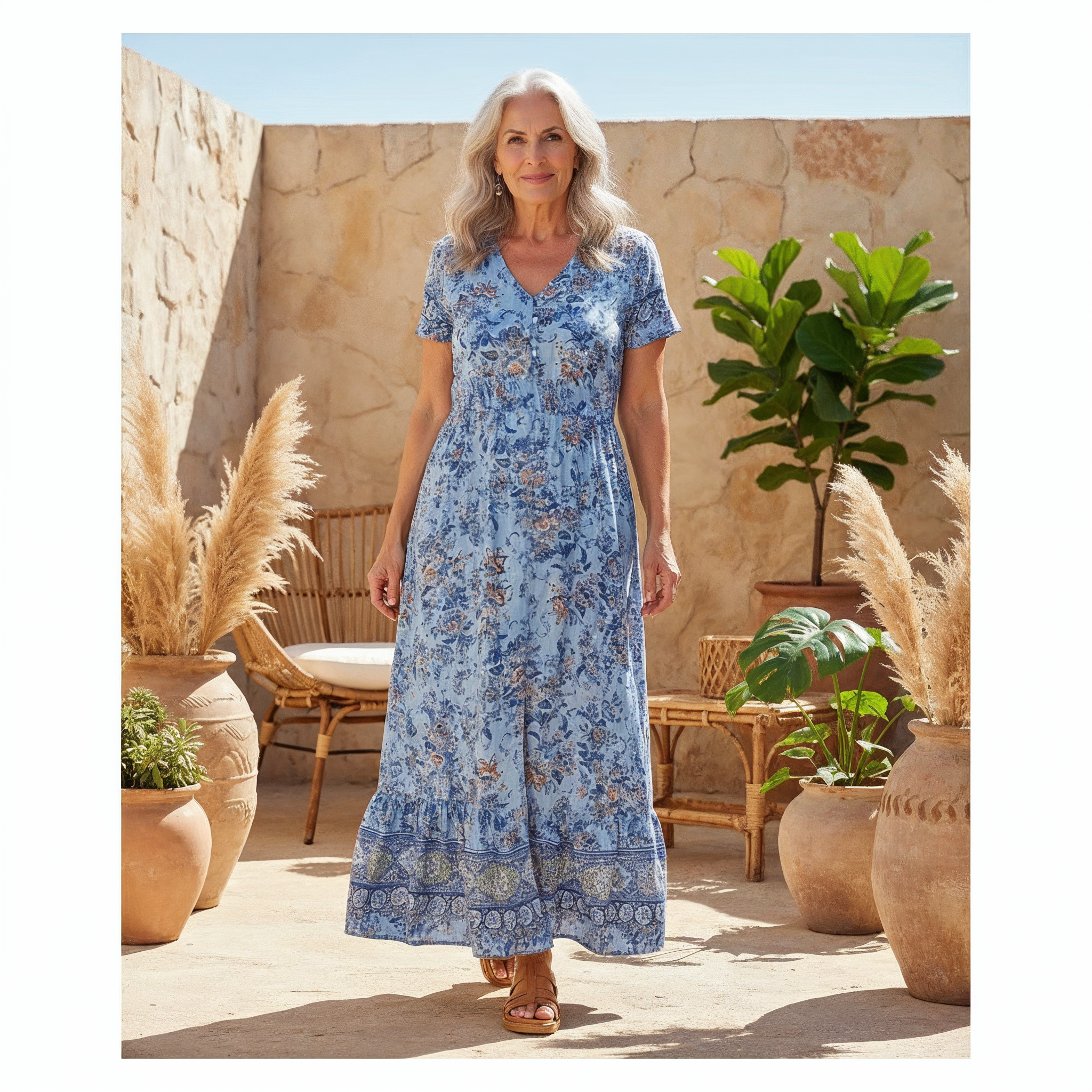 Floral Paisley V Neck Short Sleeve Boho Maxi Dress