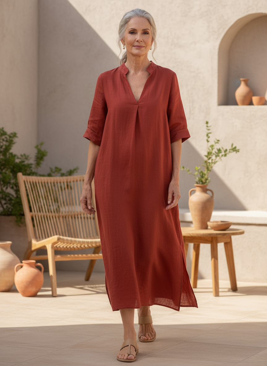Linen V Neck Three Quarter Sleeve Casual Maxi Dress