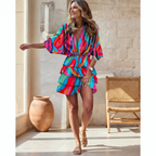 Abstract Print Smocked Waist Tiered Ruffle Mini Dresses