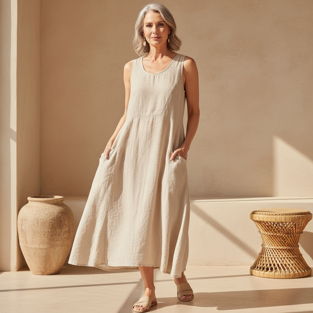 Linen Sleeveless Scoop Neck Pocket Casual Maxi Dress