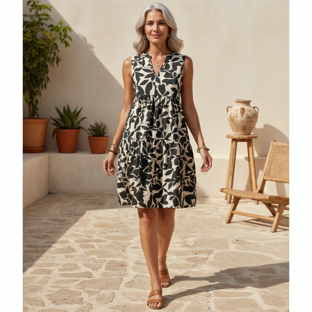 Botanical Leaf Print Tiered Sleeveless V-Neck Mini Dress