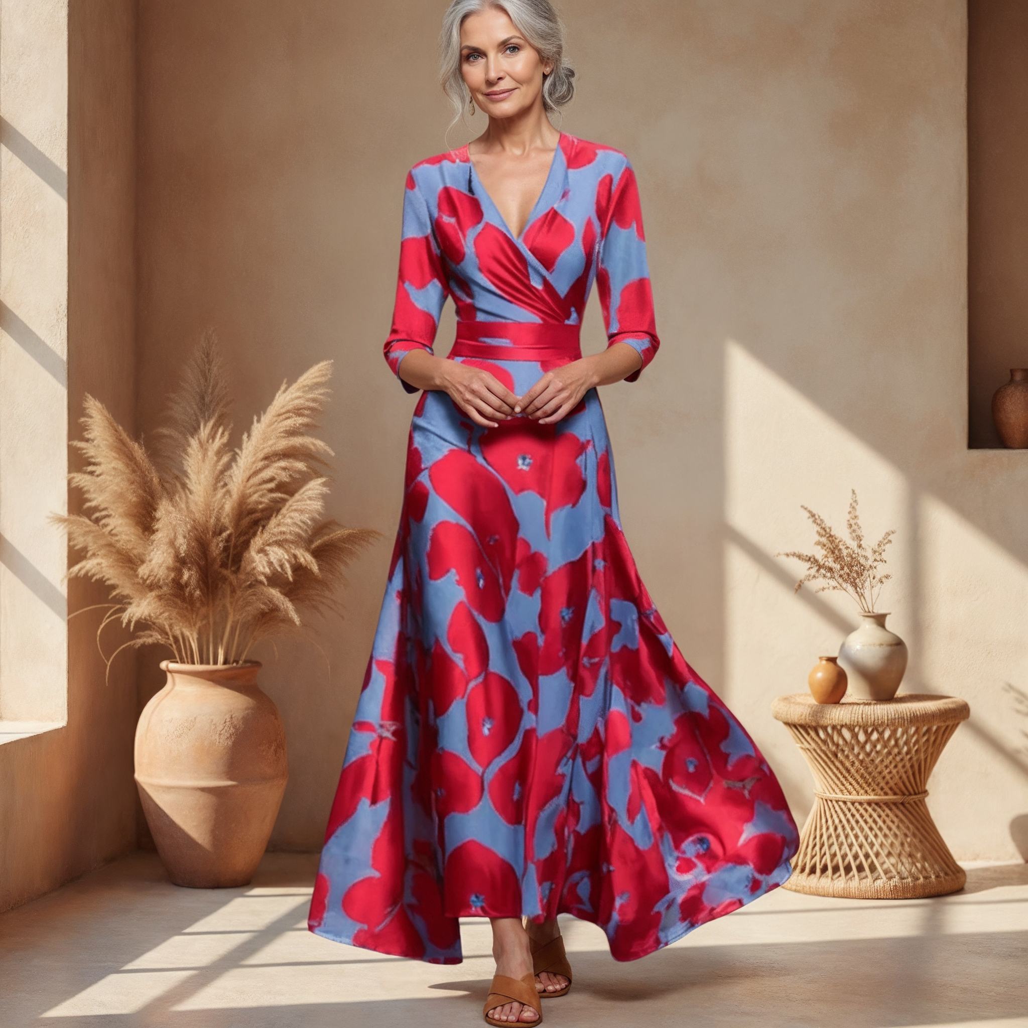 Bold Floral Wrap V Neck Satin Flowy Maxi Dress