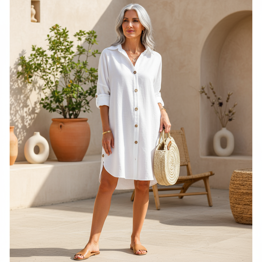 Linen Button Down Casual Shirt Dress