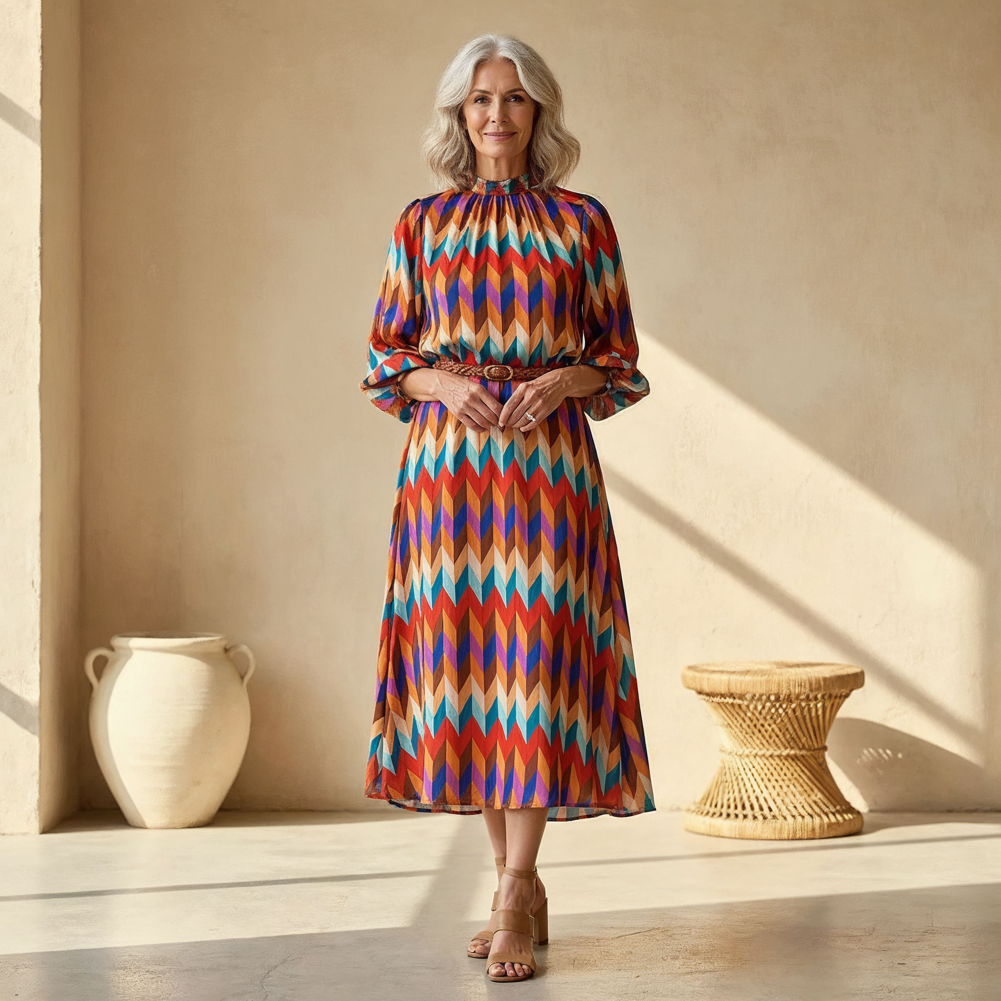 Geometric Chevron Print Balloon Sleeve Pleated Midi Dress