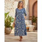 Floral Vine Print Gathered Waist Casual Midi Dress