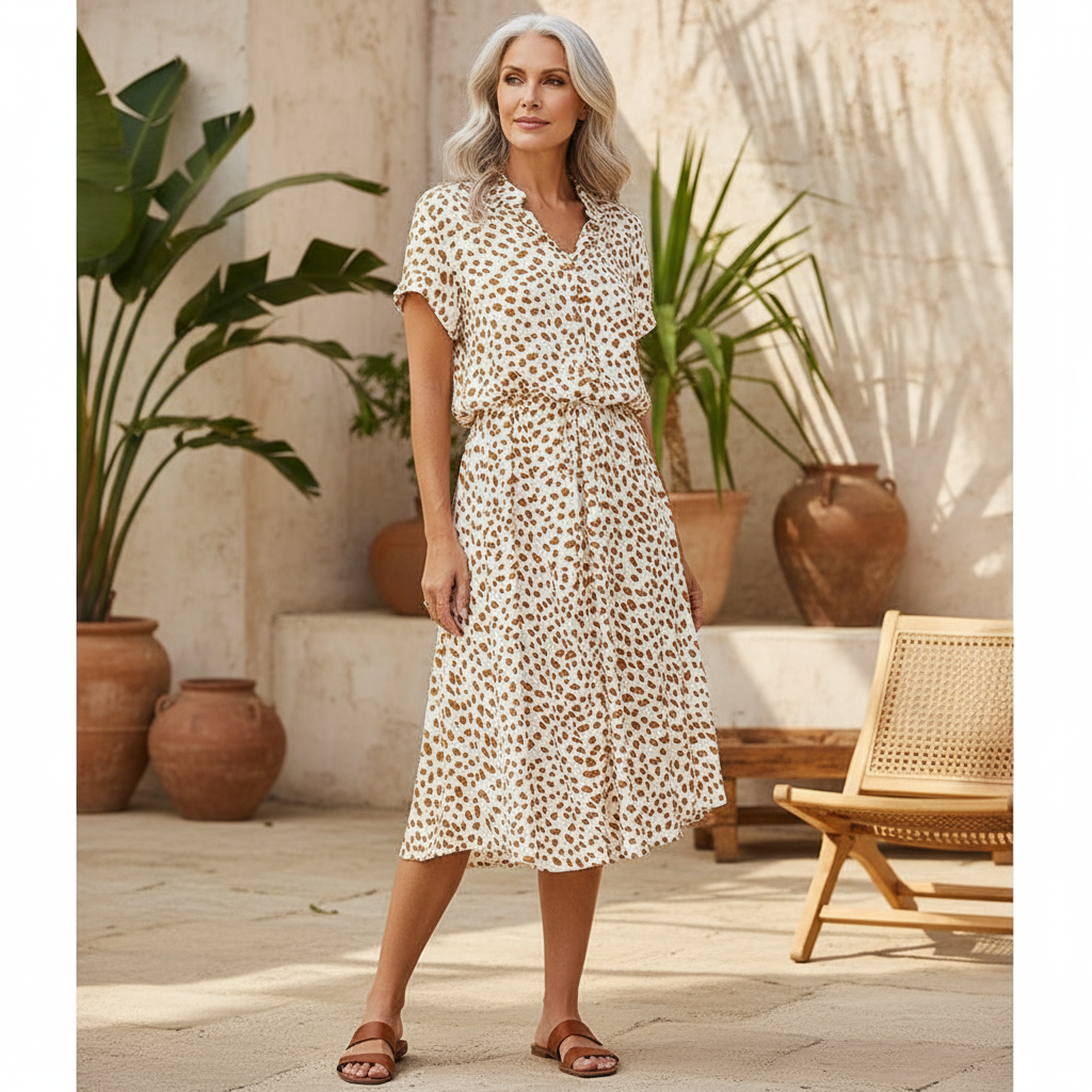 Leopard Print Belted Button Down Casual Midi Dress
