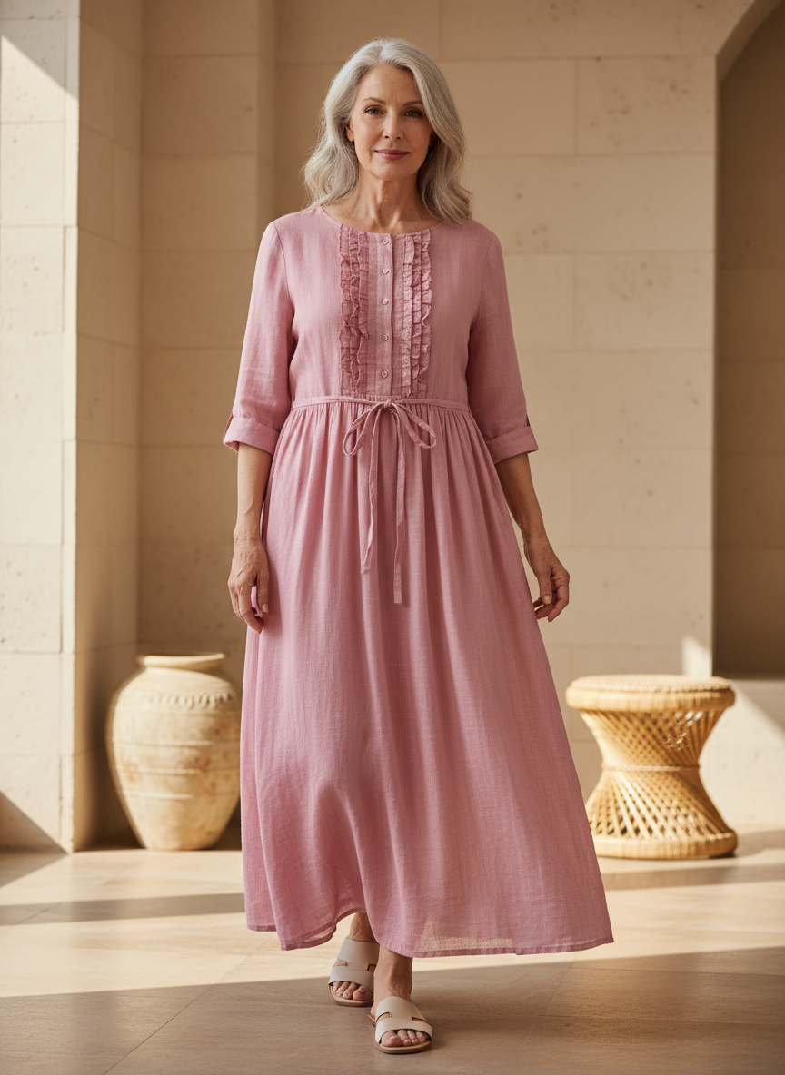 Ruffle Trim Belted Button Front Linen Maxi Dresses