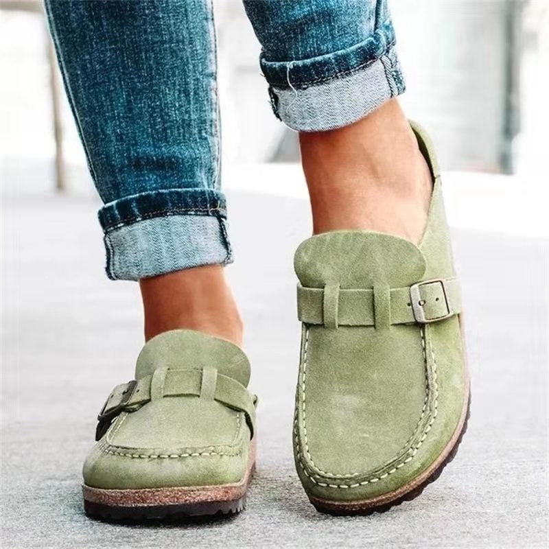 Suede Buckle Strap Cork Footbed Slip On Casual Flat Loafer