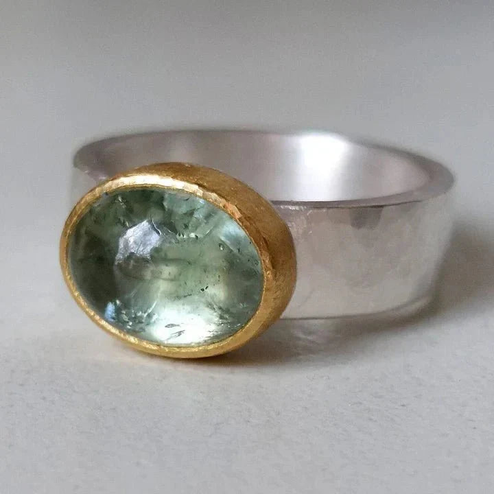 Oval Aquamarine Stone Gold Bezel Wide Silver Band Ring