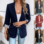 Notch Lapel Striped Cuff Roll Sleeve Open Front Blazer