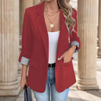 Notch Lapel Striped Cuff Roll Sleeve Open Front Blazer