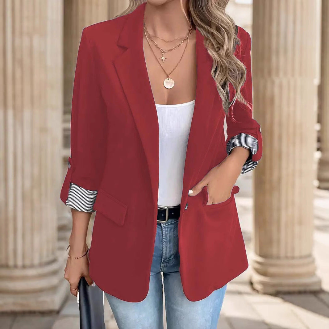 Notch Lapel Striped Cuff Roll Sleeve Open Front Blazer