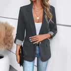 Notch Lapel Striped Cuff Roll Sleeve Open Front Blazer