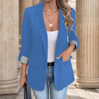 Notch Lapel Striped Cuff Roll Sleeve Open Front Blazer