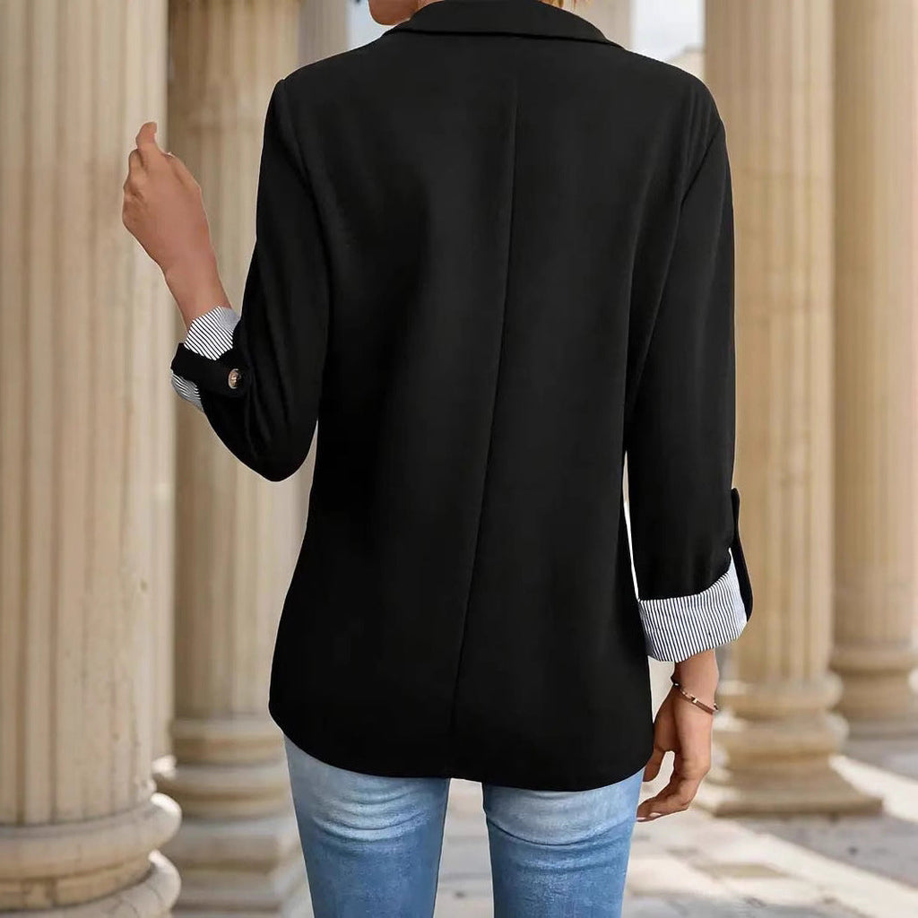Notch Lapel Striped Cuff Roll Sleeve Open Front Blazer