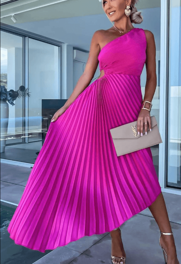 One Shoulder Pleated A Line Maxi Dress - Wedding Guest