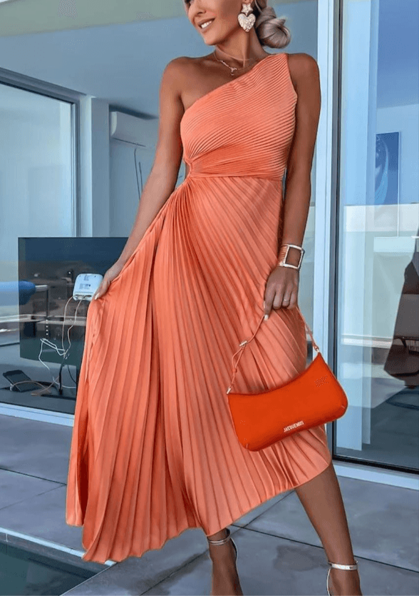 One Shoulder Pleated A Line Maxi Dress - Wedding Guest