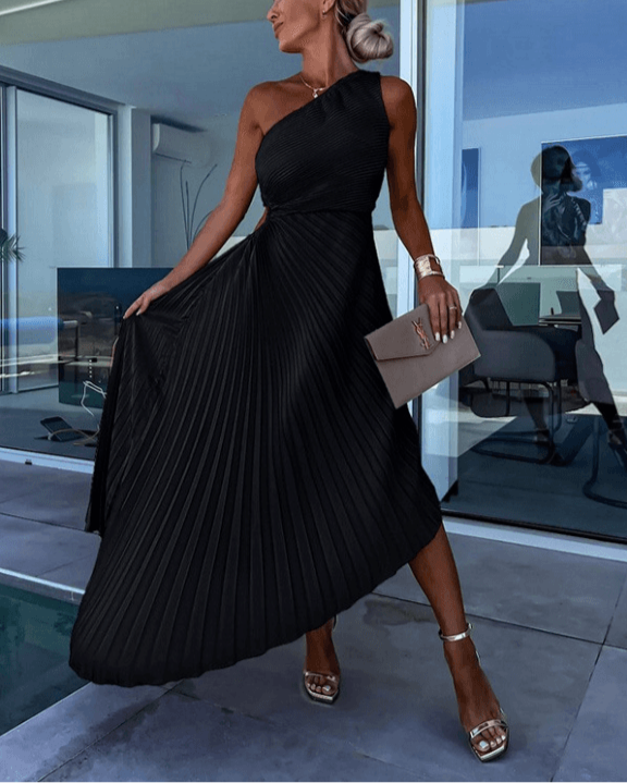 One Shoulder Pleated A Line Maxi Dress - Wedding Guest