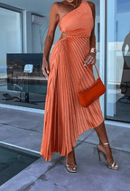One Shoulder Pleated A Line Maxi Dress - Wedding Guest