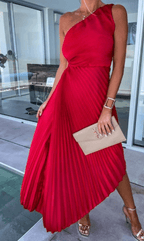 One Shoulder Pleated A Line Maxi Dress - Wedding Guest