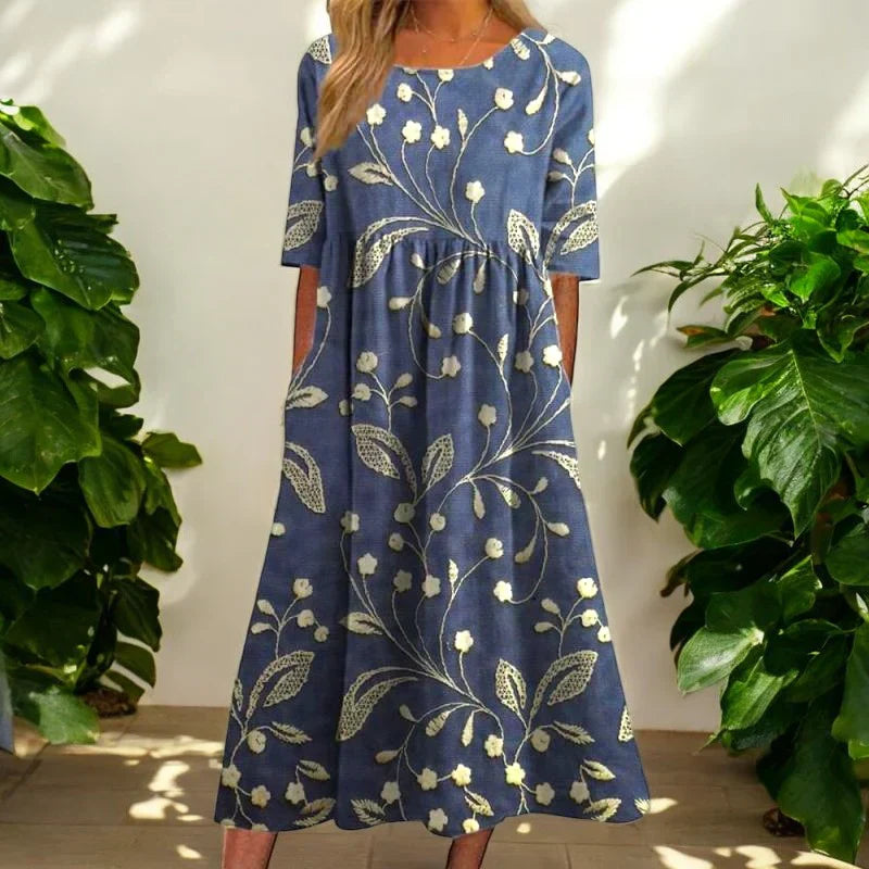 Floral Vine Print Gathered Waist Casual Midi Dress