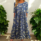 Floral Vine Print Gathered Waist Casual Midi Dress