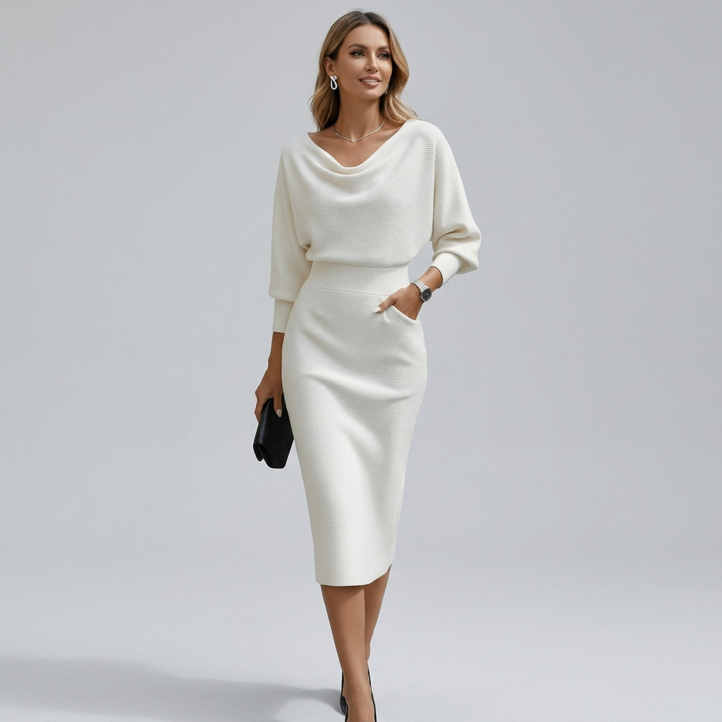 Cowl Neck Batwing Sleeve Ribbed Knit Midi Dress