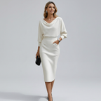 Cowl Neck Batwing Sleeve Ribbed Knit Midi Dress