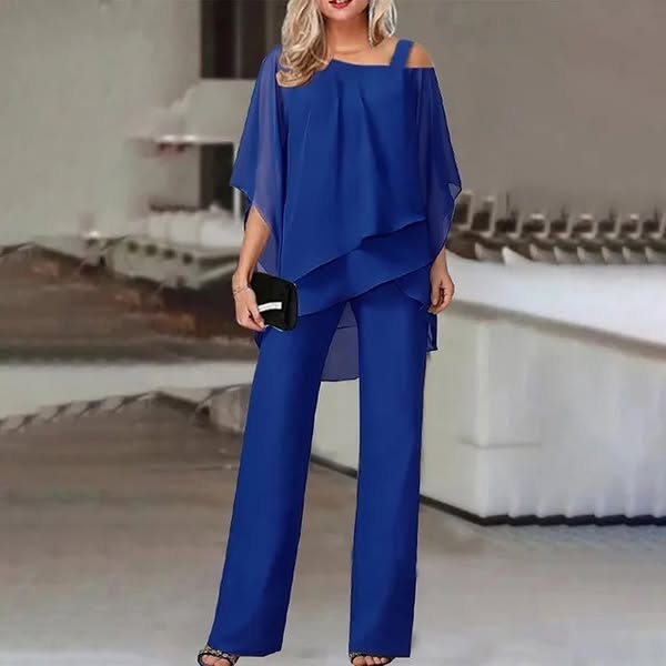 Chiffon Cold Shoulder Layered Top Wide Leg Two Piece Set