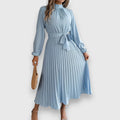 Ruched Mock Neck Bow Tie Waist Pleated Skirt Long Sleeve Midi Dress