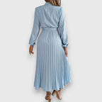 Ruched Mock Neck Bow Tie Waist Pleated Skirt Long Sleeve Midi Dress