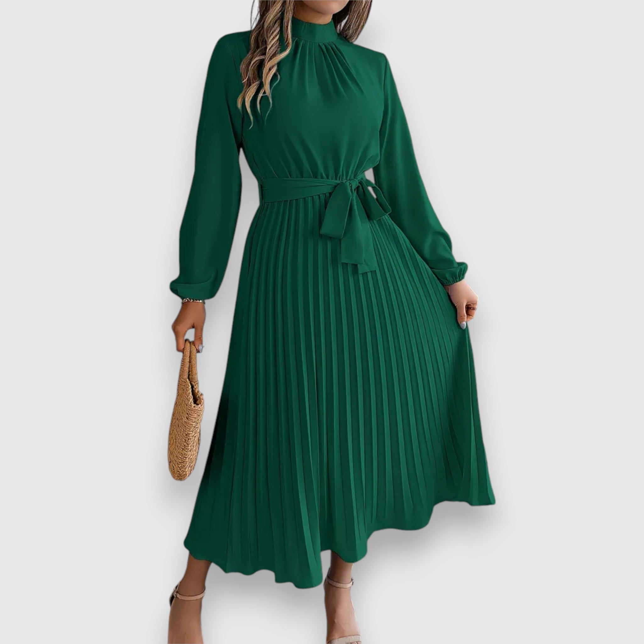 Ruched Mock Neck Bow Tie Waist Pleated Skirt Long Sleeve Midi Dress