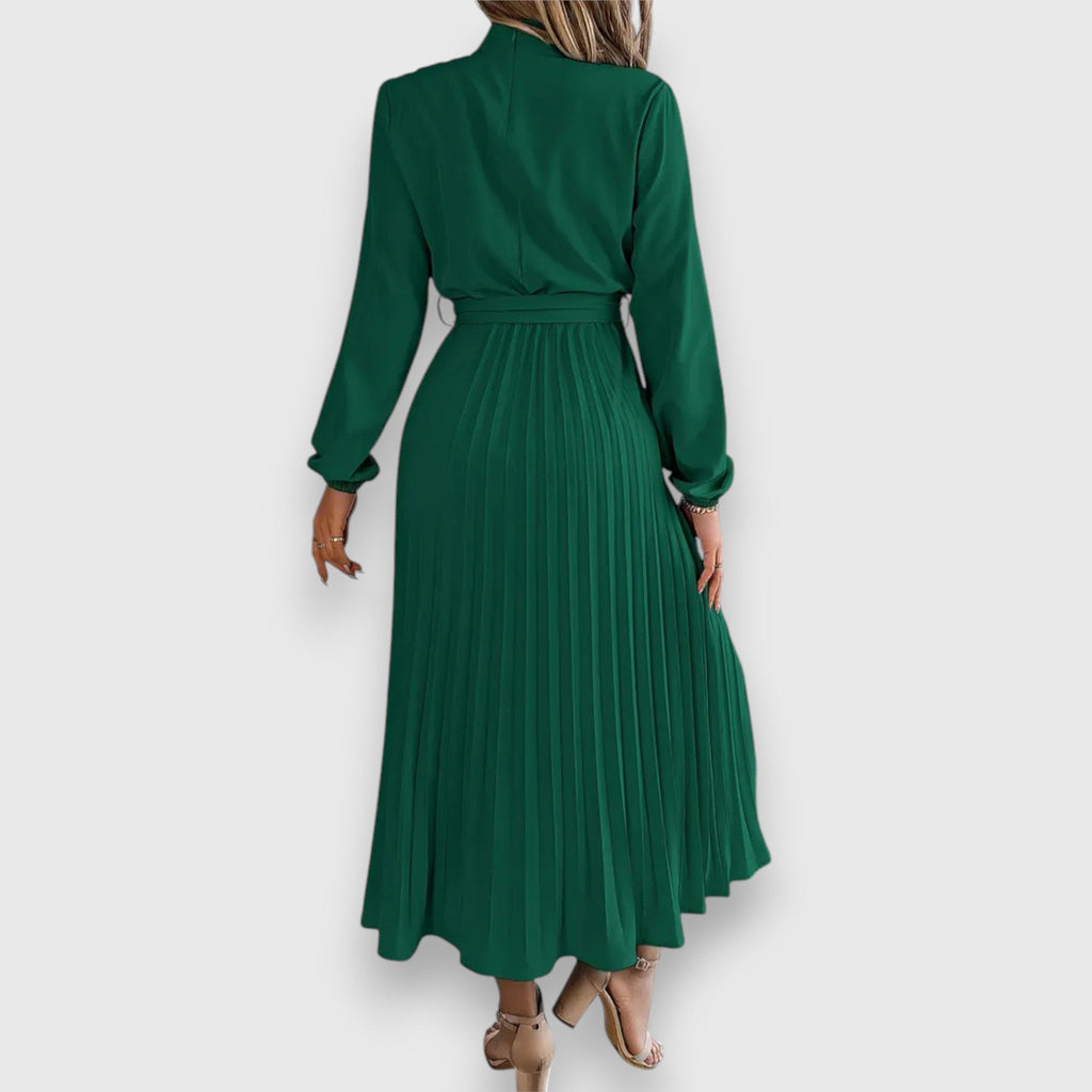 Ruched Mock Neck Bow Tie Waist Pleated Skirt Long Sleeve Midi Dress