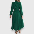 Ruched Mock Neck Bow Tie Waist Pleated Skirt Long Sleeve Midi Dress