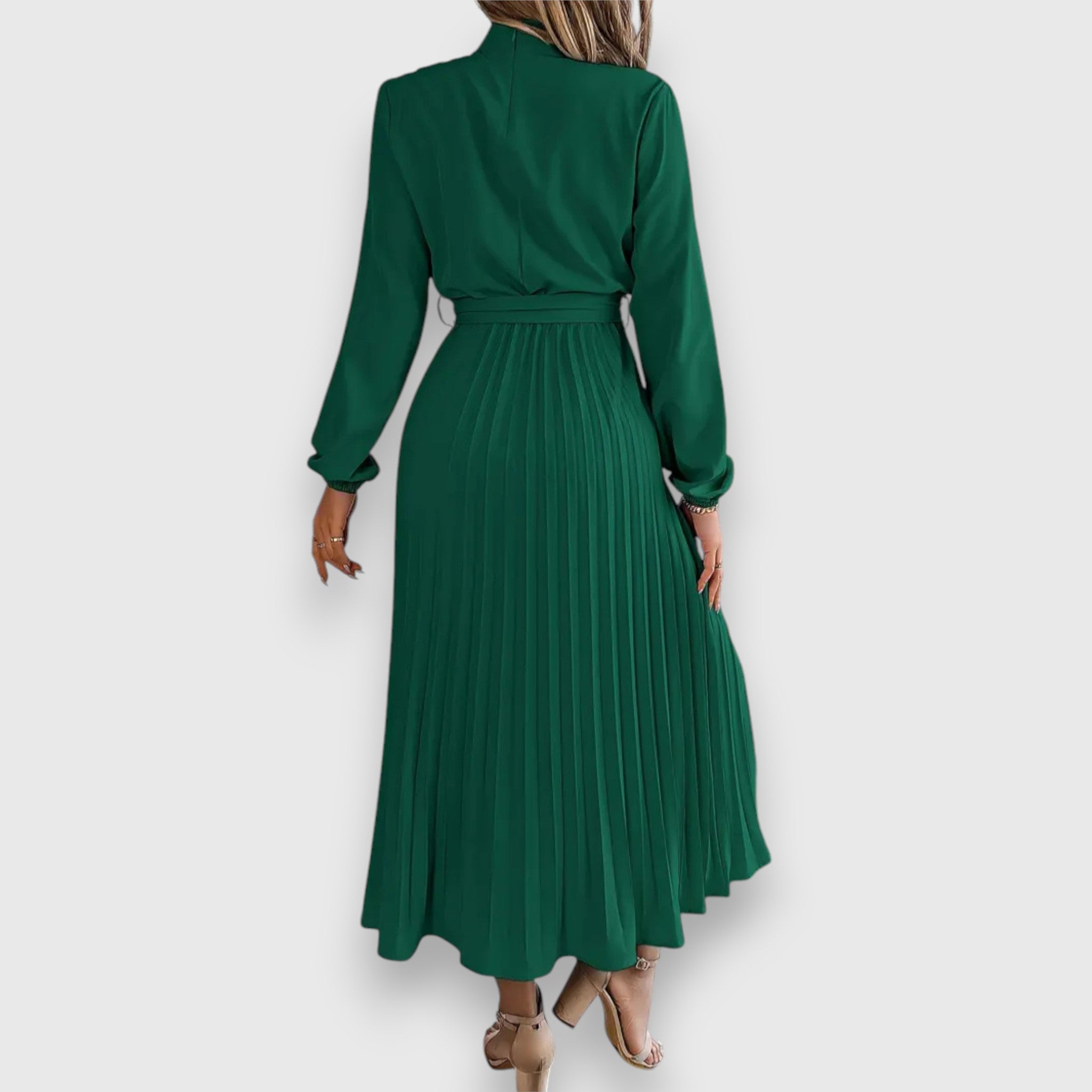 Ruched Mock Neck Bow Tie Waist Pleated Skirt Long Sleeve Midi Dress