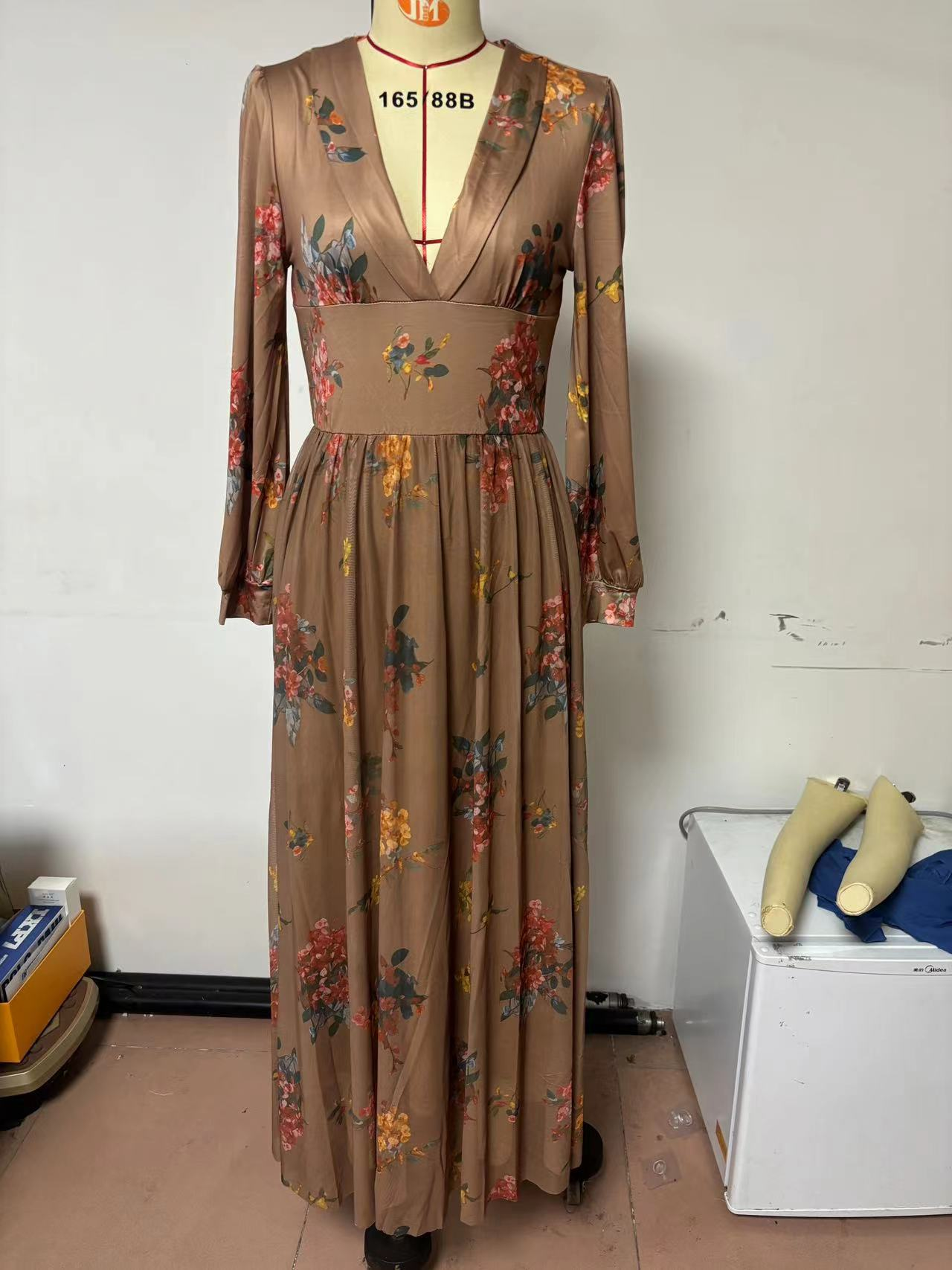 Floral Deep V Neck Long Sleeve Wide Waistband Flowy Maxi Dress