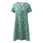 Leaf Print V Neck Short Sleeve Casual Midi Dress