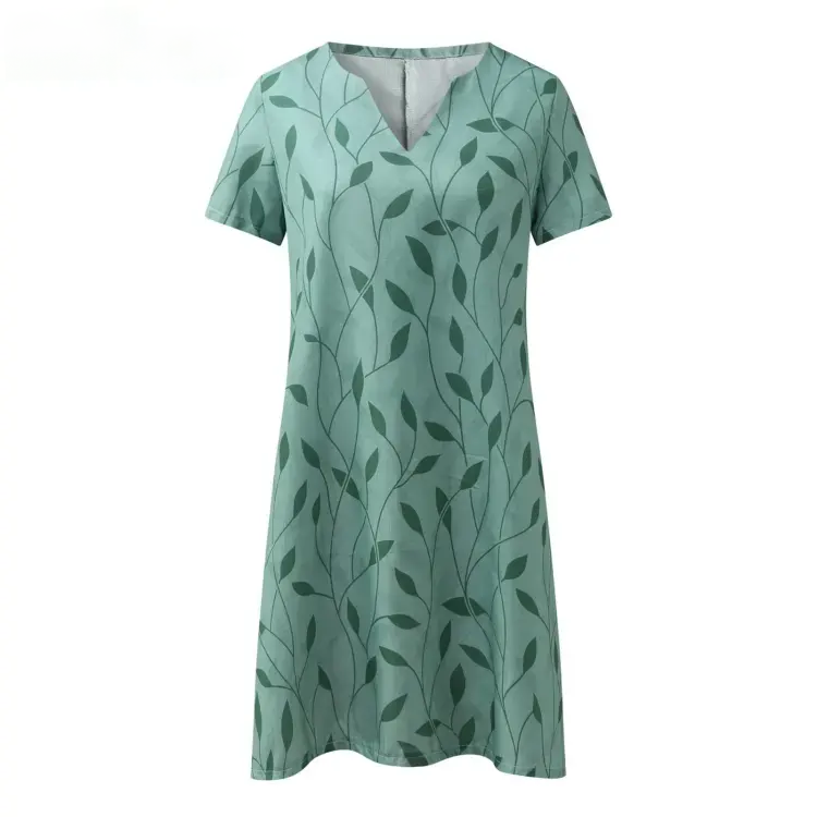 Leaf Print V Neck Short Sleeve Casual Midi Dress