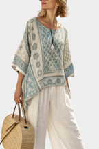 Boho Floral Block Print Batwing Blouse and Wide Leg Linen Pant Set