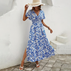 Floral V Neck Puff Sleeve Smocked Waist Side Split Maxi Dress