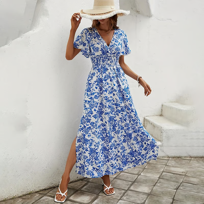 Floral V Neck Puff Sleeve Smocked Waist Side Split Maxi Dress