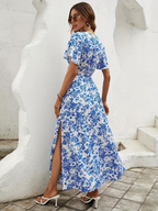 Floral V Neck Puff Sleeve Smocked Waist Side Split Maxi Dress