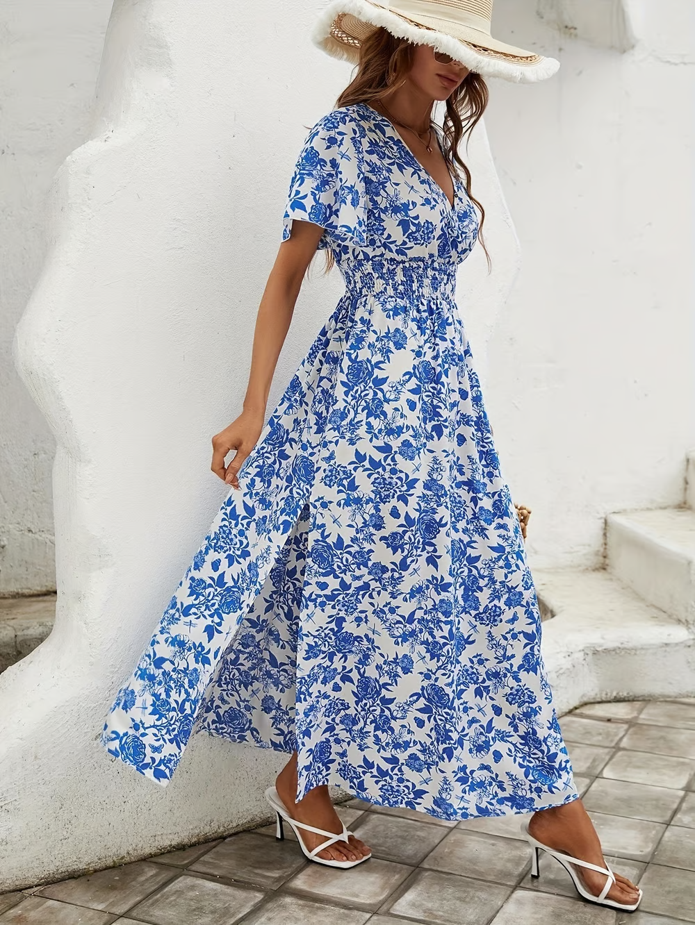 Floral V Neck Puff Sleeve Smocked Waist Side Split Maxi Dress