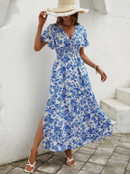 Floral V Neck Puff Sleeve Smocked Waist Side Split Maxi Dress