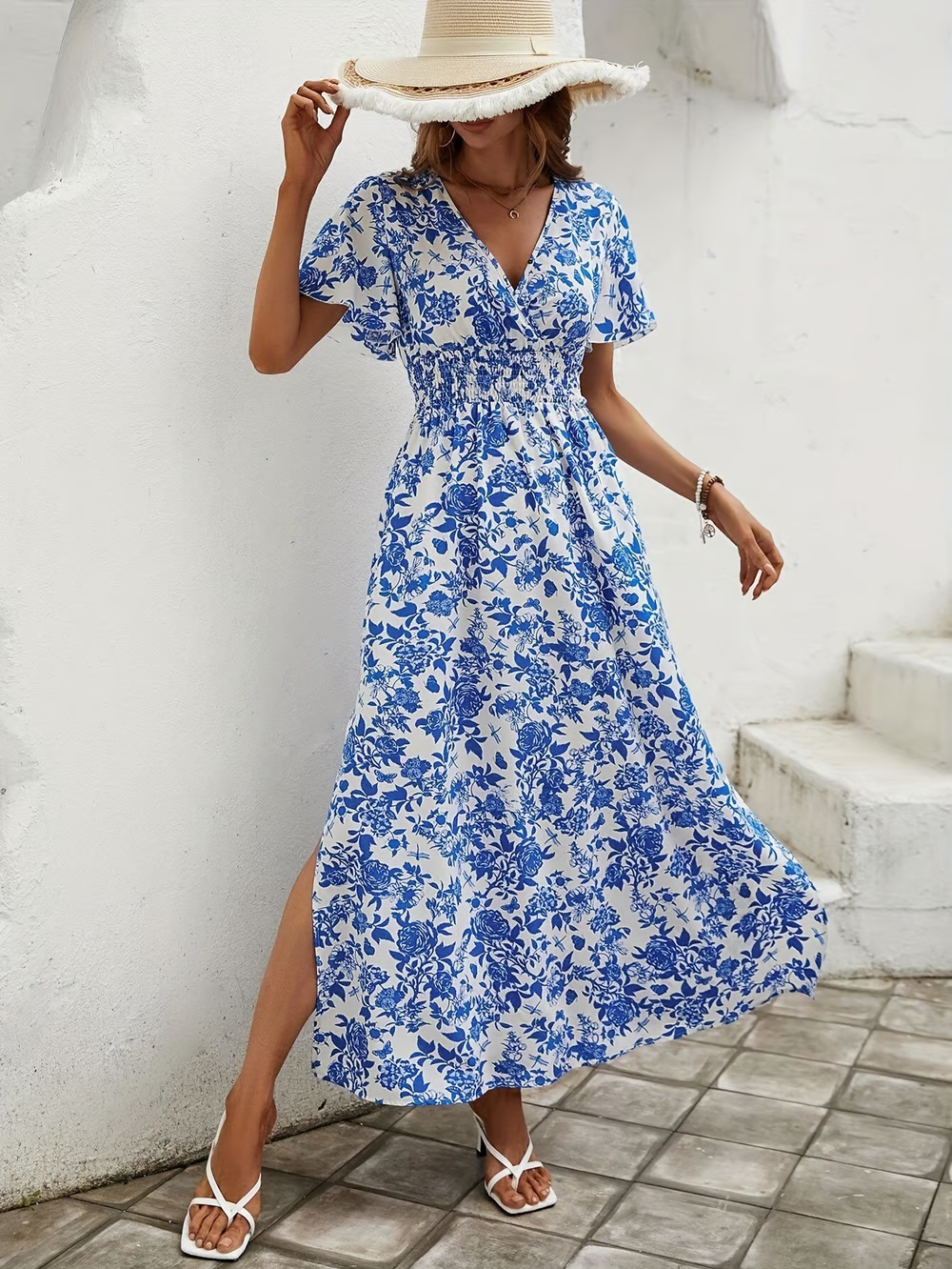 Floral V Neck Puff Sleeve Smocked Waist Side Split Maxi Dress