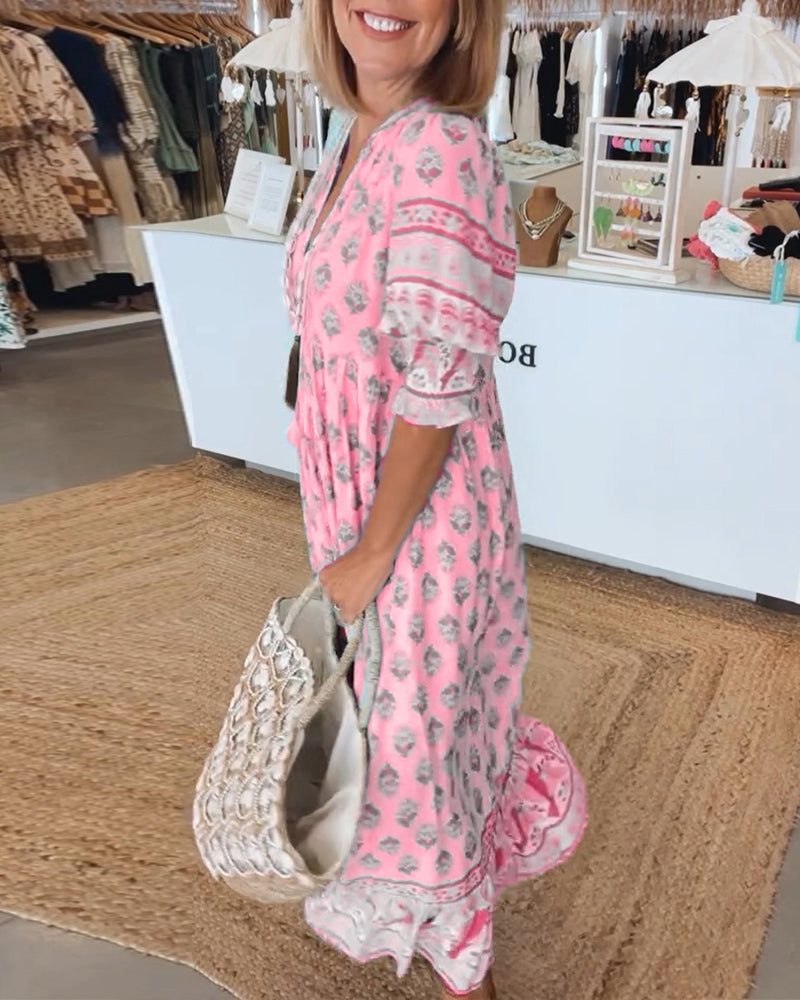 Geometric Print Tassel Tie Tiered Boho Maxi Dress