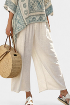 Boho Floral Block Print Batwing Blouse and Wide Leg Linen Pant Set