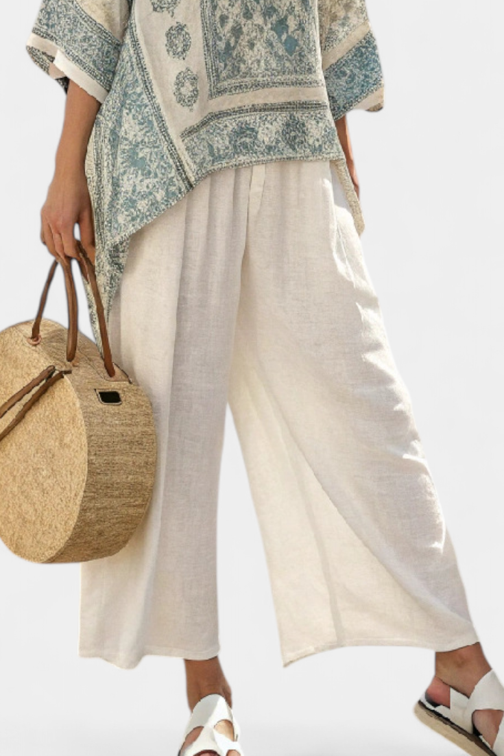 Boho Floral Block Print Batwing Blouse and Wide Leg Linen Pant Set